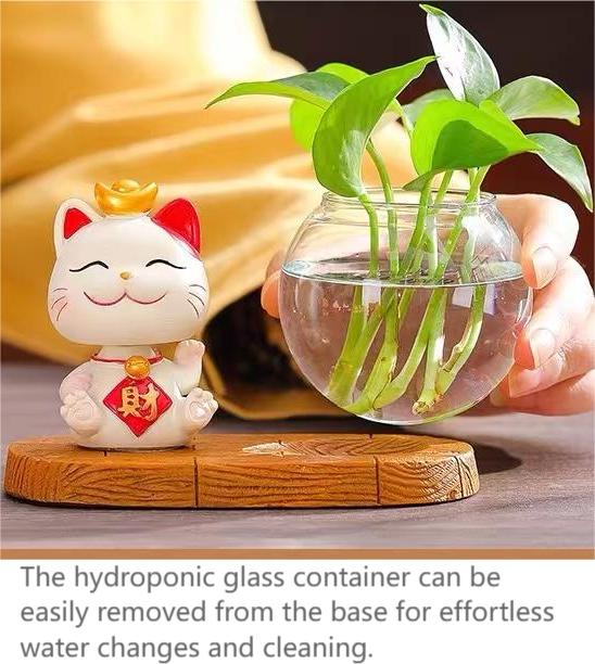 Glass hydroponic vase with wobble-headed cat décor